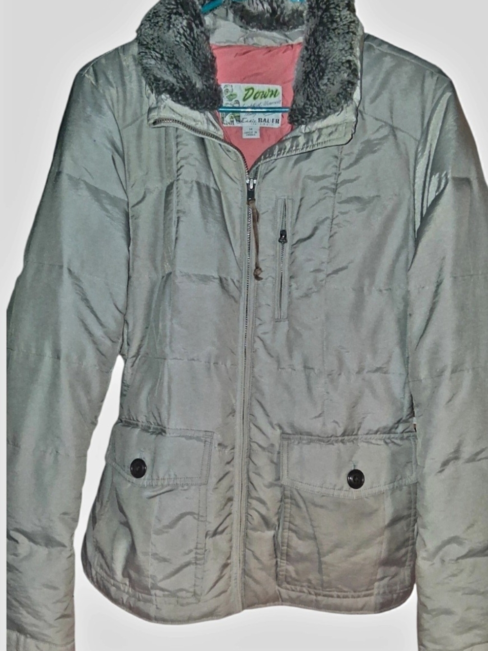 Eddie Bauer Light Taupe Puffer Jacket with Faux Fur Trim